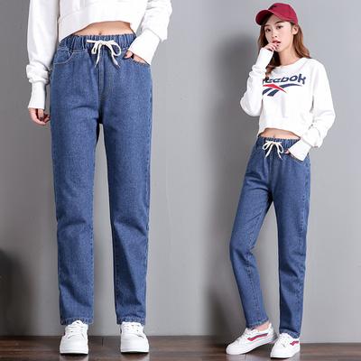 Korean Women's Straight-leg Casual Elastic Waist Tie High Waist Student Jeans Women's Loose Nine-point Dad Pants Women