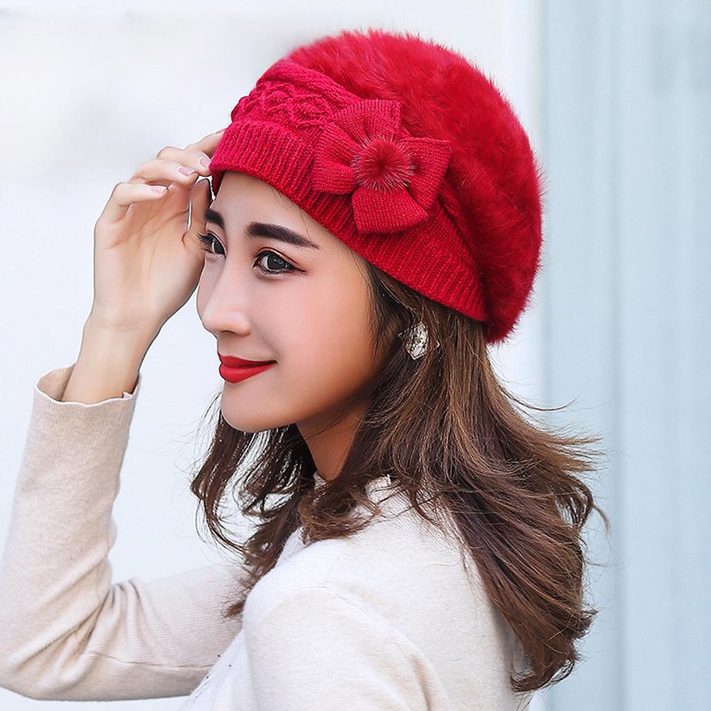 Women Knitted Wool Hats Winter Flower Decorated Warm Female Cap Beanies Fur Hat Gorros Bonnet Soft Breathable Beanie Caps