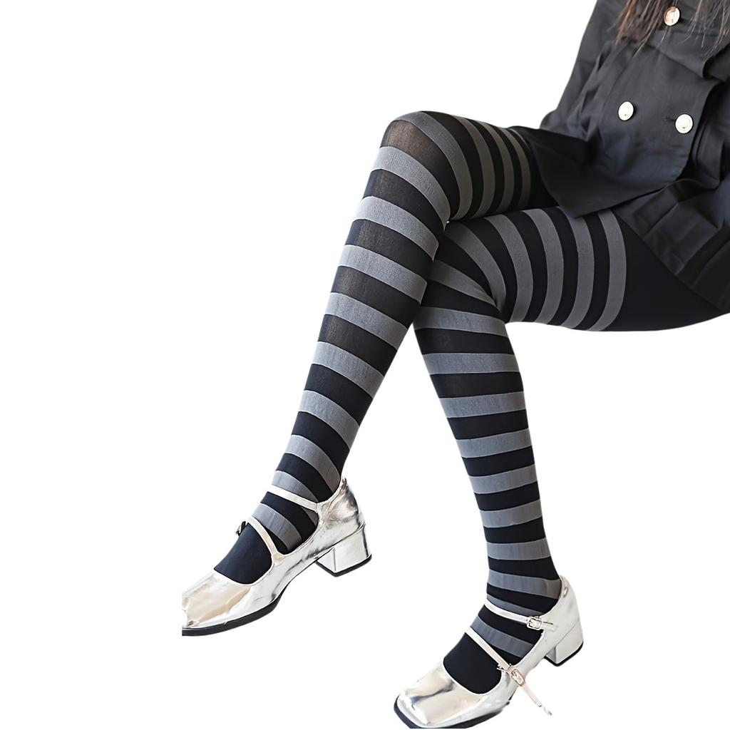 Damen 50D Nylon Blickdichte Strumpfhose mit breiten Streifen, für Erwachsene, Halloween, Horizontale bunte Streifen, Strumpfhose für Cosplay und tägliches Tragen
