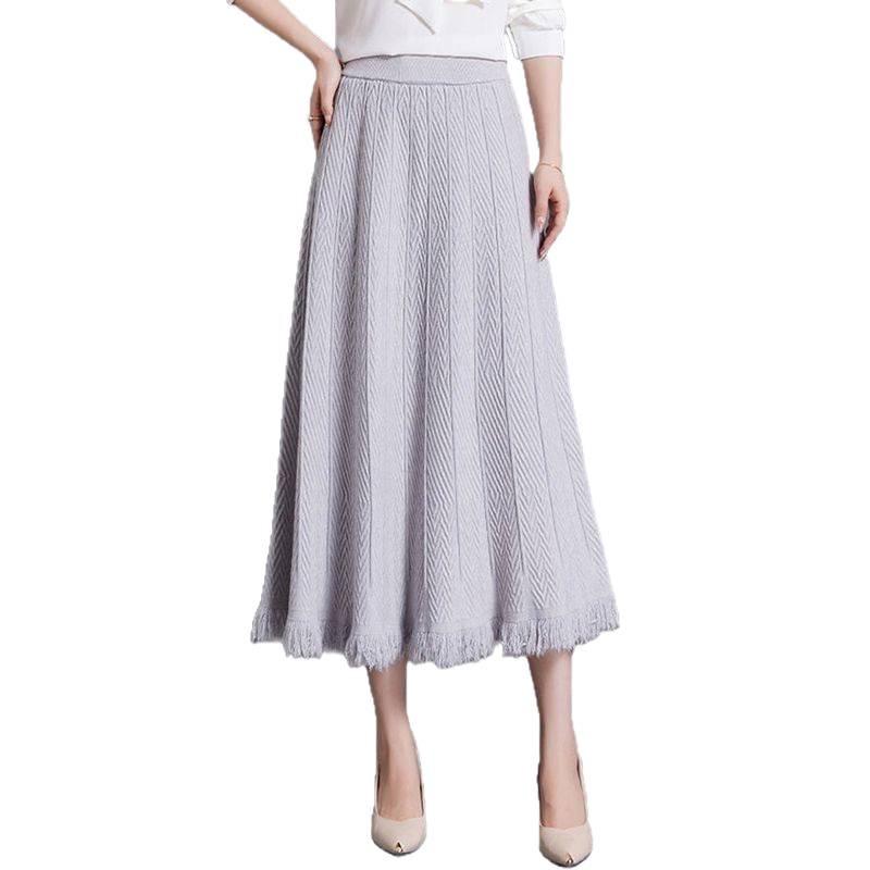 Women's High-Waisted Woolen Tassel Knitted A-Line Midi Skirt for Autumn and Winter