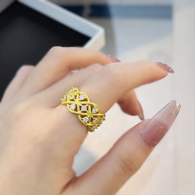 Italian Weave Engraved Gold Brushed Process Twisted Rope Twist Ring Women'S Gold-Plated Diamond Mesh Live Jewelry