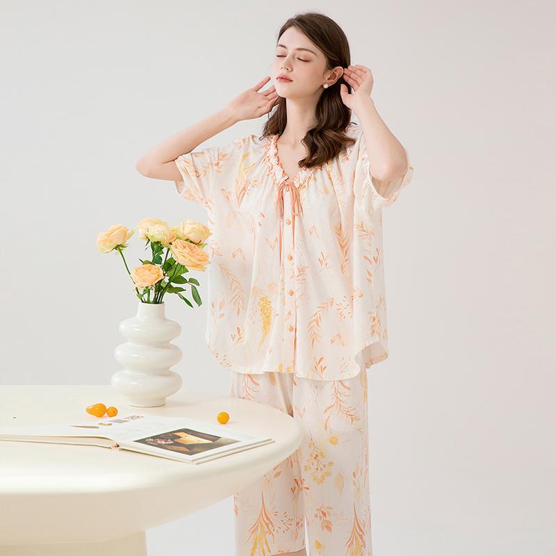 Fenteng [100% cotton outerwear] Summer new lace V-neck romantic short sleeved seven quarter pants pajamas women's home wear