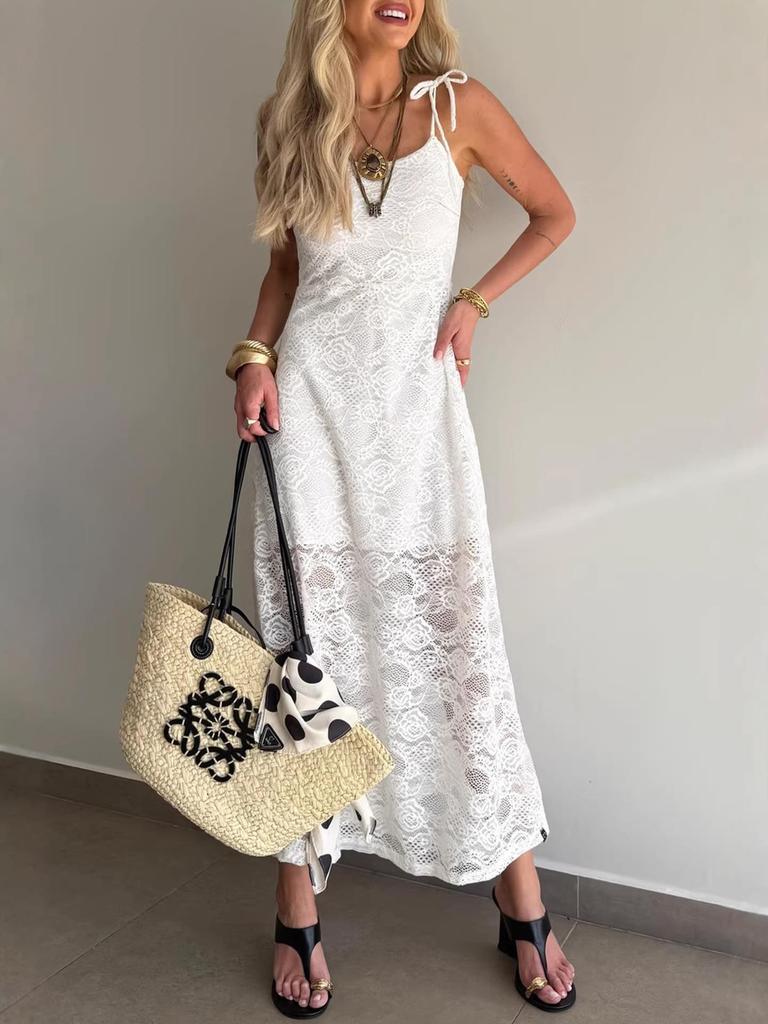 European and American Strappy Lace See-through Square Neck Slimming Long Dress for Spring and Summer.