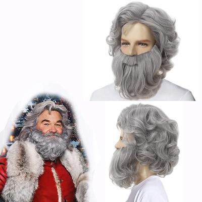 Set de peluca y barba para ancianos, peluca larga rizada gris