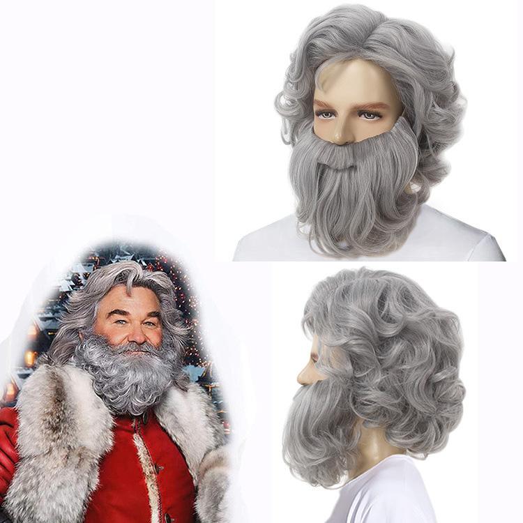 

Elderly wig and beard set, gray long curly wig Adult size серый