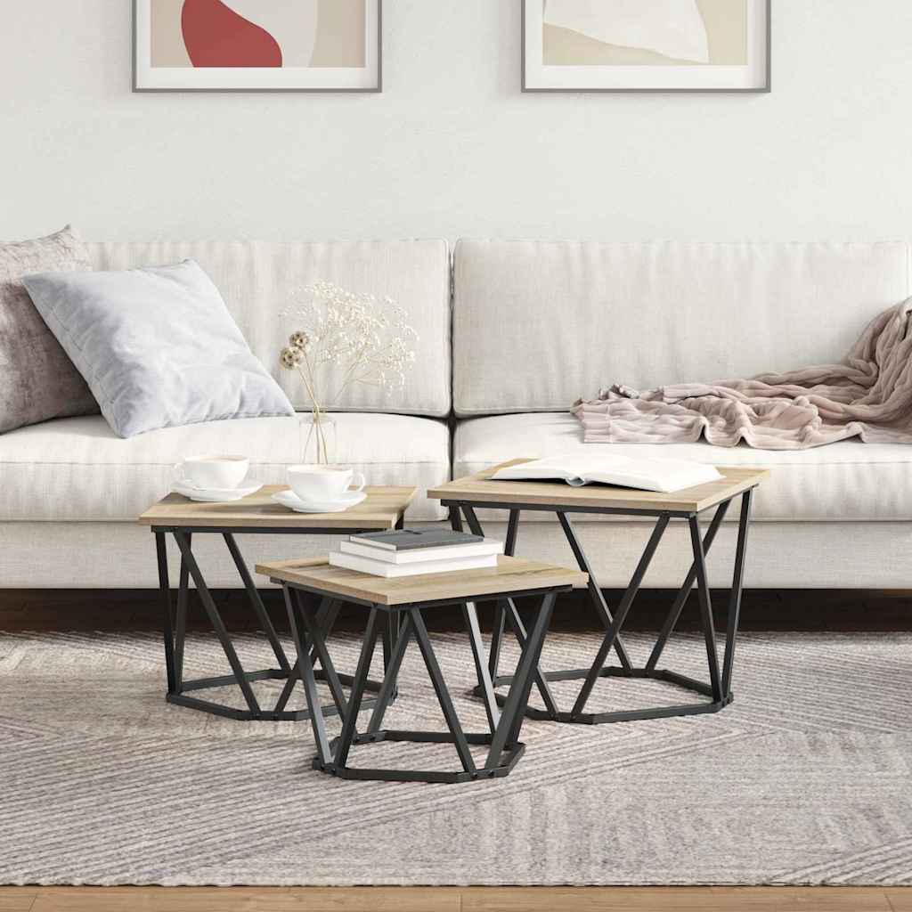 Coffee Table Set 3 Pcs Sonoma Oak Engineered Wood and Steel