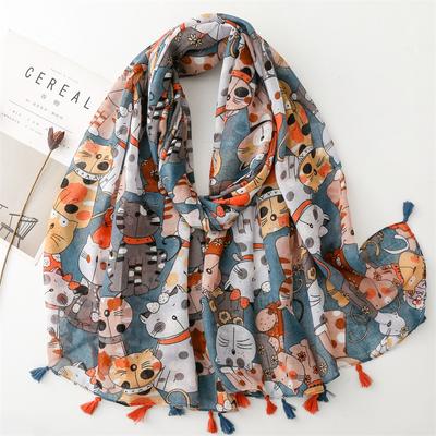 Bufanda de algodón y cáñamo con imagen de gato bonito para las cuatro estaciones, chal protector solar, bufanda de seda con borlas, bufanda protectora para el cuello