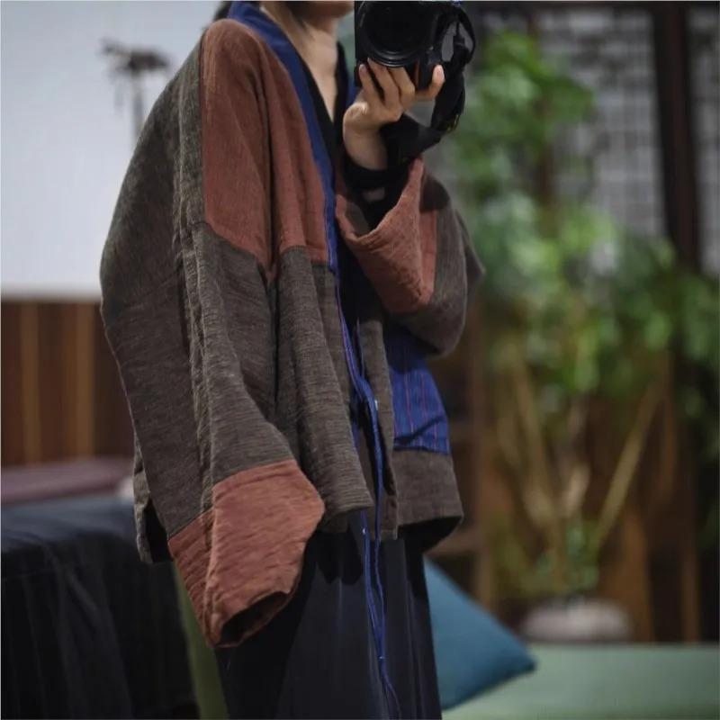 Johnature Women Vintage Jackets Patchwork Color Loose Belt Coats Autumn V-Neck Long Sleeve Jackets