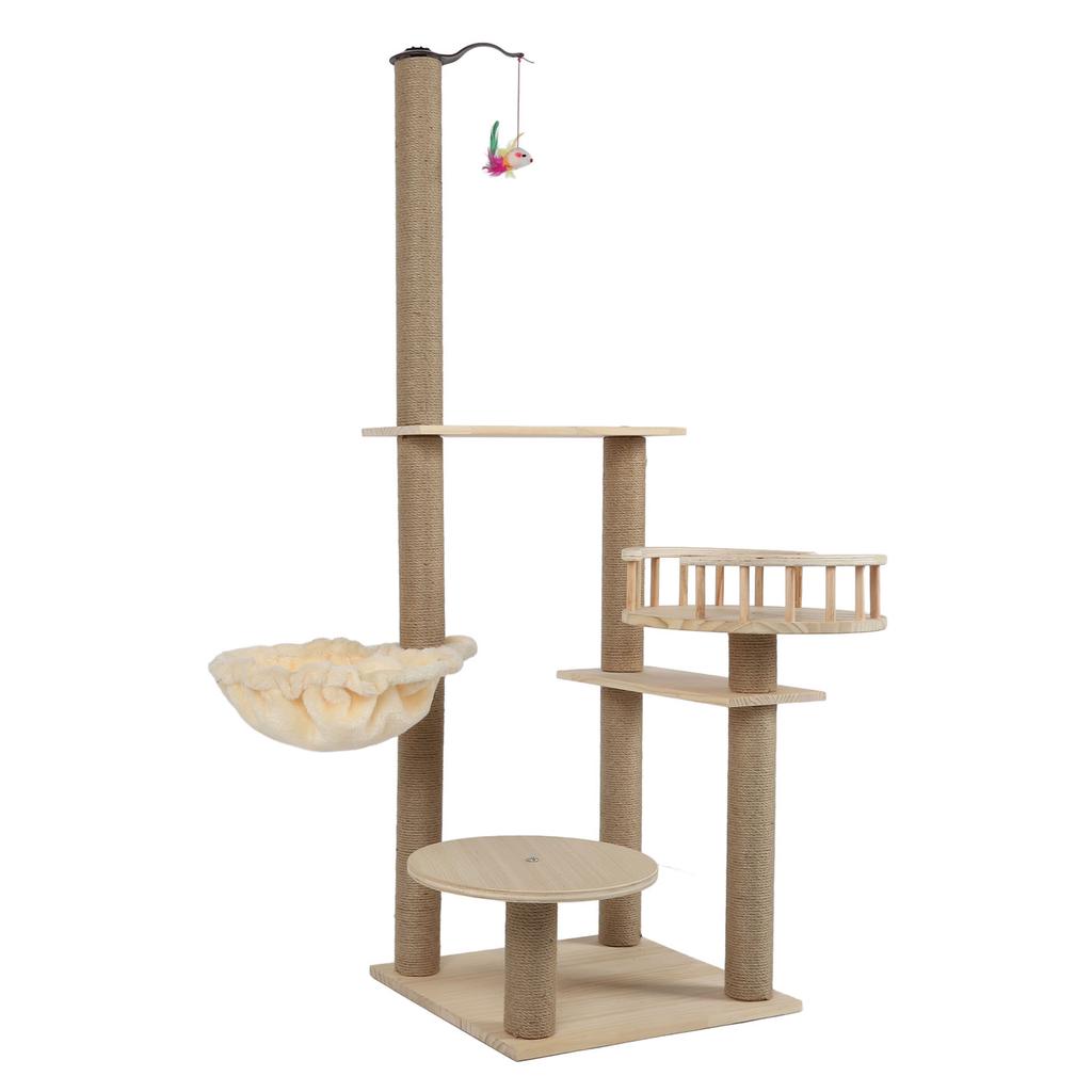 Cat Tree Multilevel Cat Climbing Tower Hemp Cable Covered Scratching Post with Hammock Dangling Toy