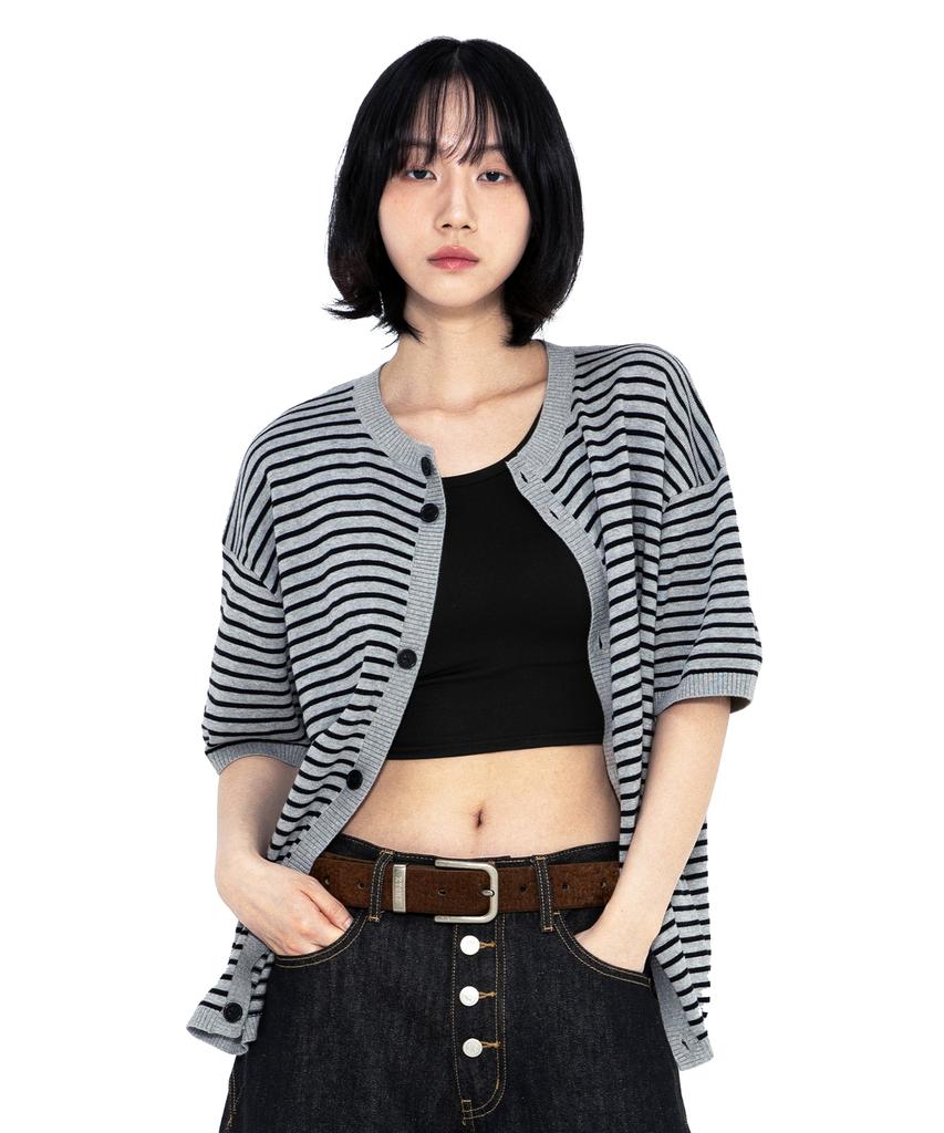 XTONZ Xtk182 Round Stripe Crop Cardigan (Gray)