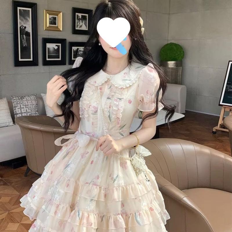 Puffärmel süß niedlich frisch Sommer Mittelschule Oberschule Schülerin Lolita geblümt Prinzessin Rock