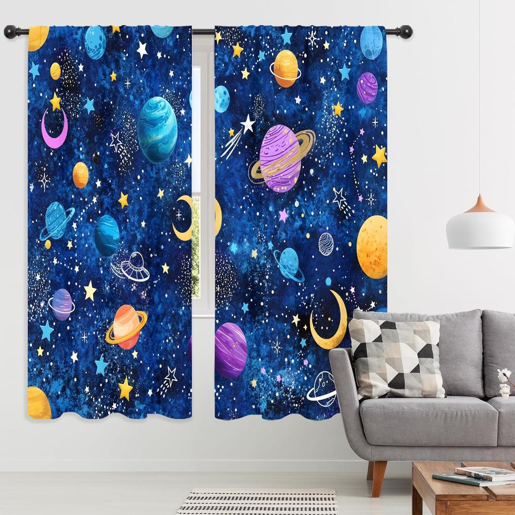 Galaxy Sky Star Curtains Blue Starry Shining Night Outer Space Cosmic Celestial Universe Planets Rod Pocket Boys Fantasy Bedroom