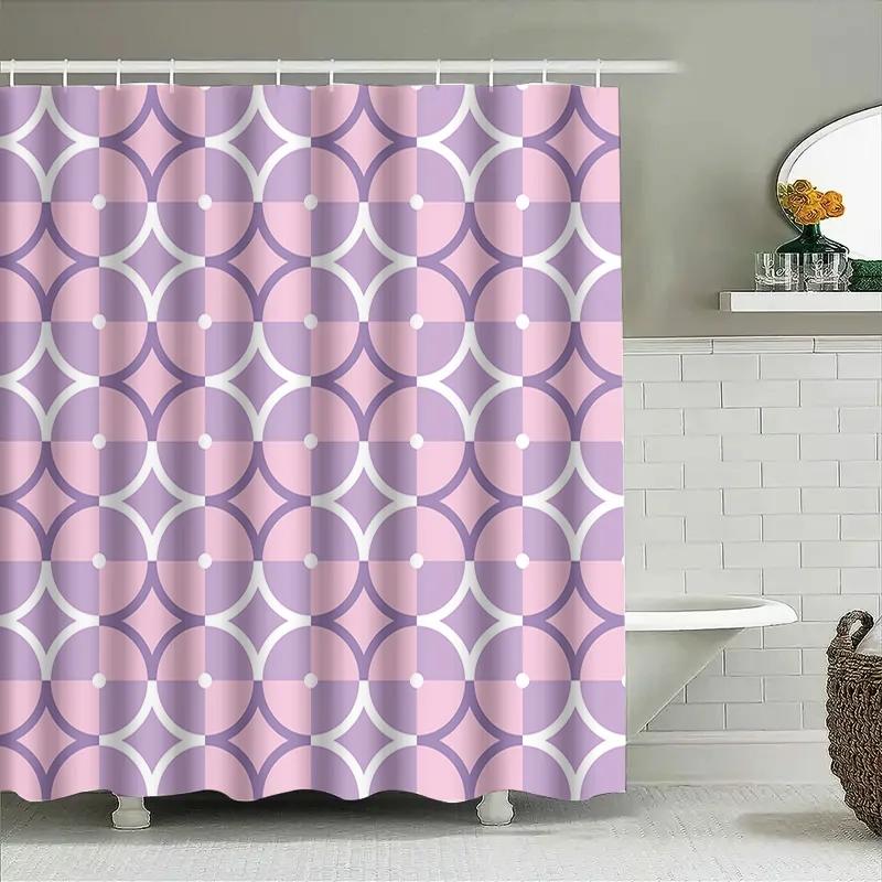 Purple Geometric Print Shower Curtain Waterproof Decorative Bath Mat Set For Home Bathroom Decoration Purple White Pink