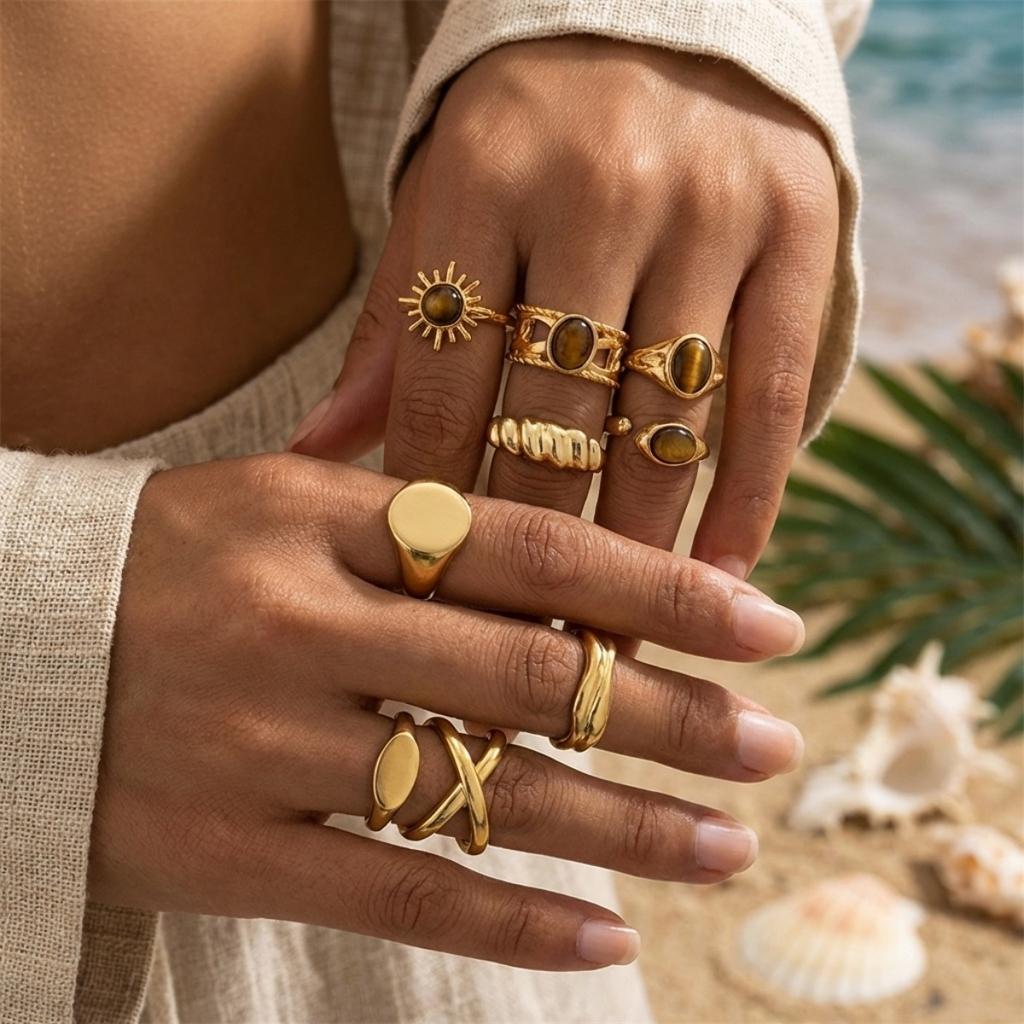 Metal Irregular Tiger Eye Stone Sun Cross Twisted Finger Rings Set For Women Men Vintage Punk Geometric Knuckle Rings Jewelry