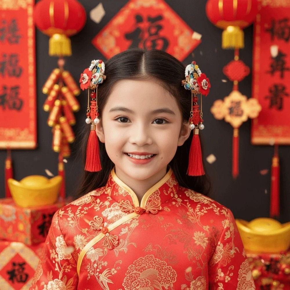 2pcs Lion New Year Tassel Barrettes Bow Ancient Style Hair Clip Children's Chinese Hairpin  Party