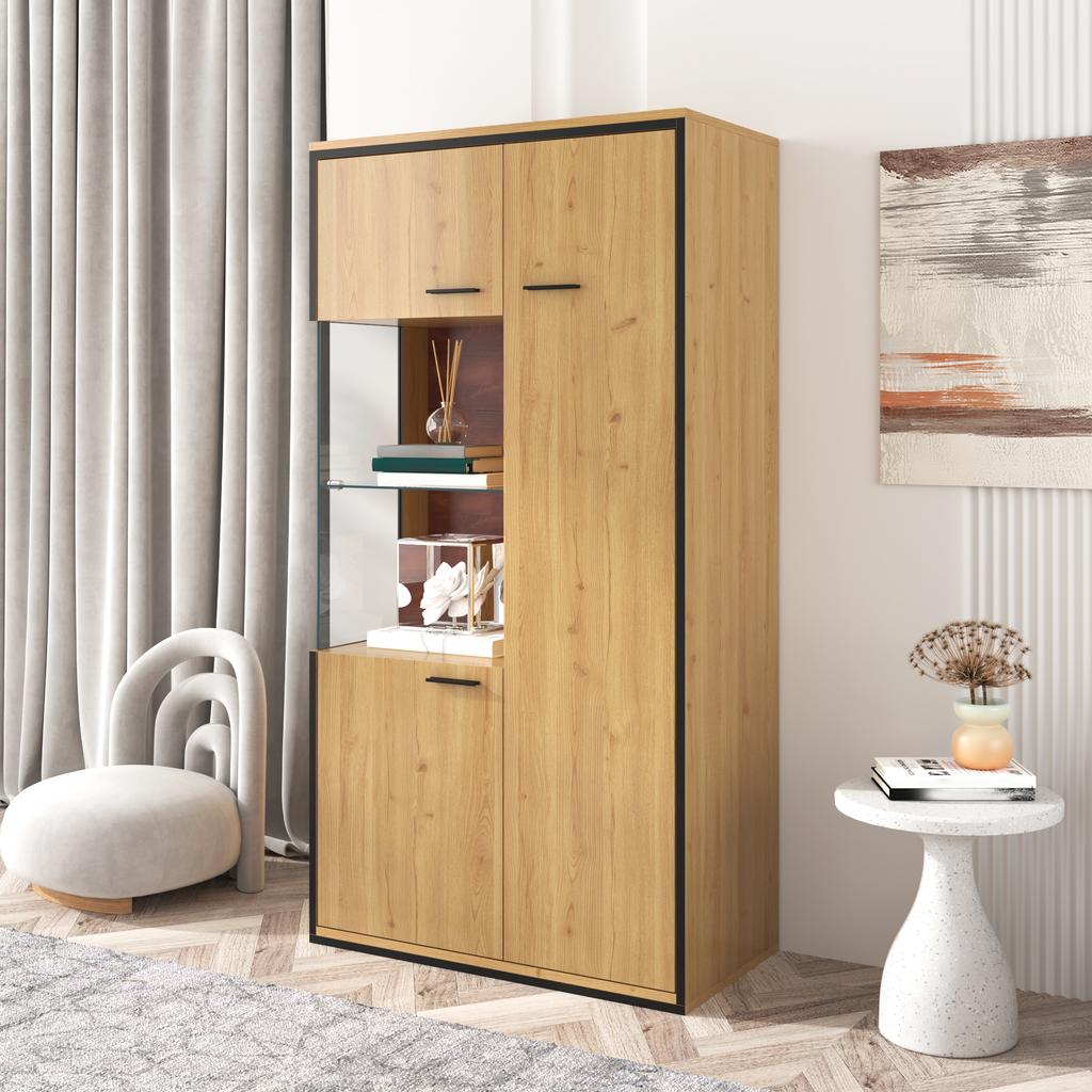 Vetrina Moderna con Illuminazione LED - 150H cm - Porta in Vetro, Ripiani Multiuso, 15 Opzioni di Colore, Ampio Spazio di Archiviazione, Ripiano in Vetro