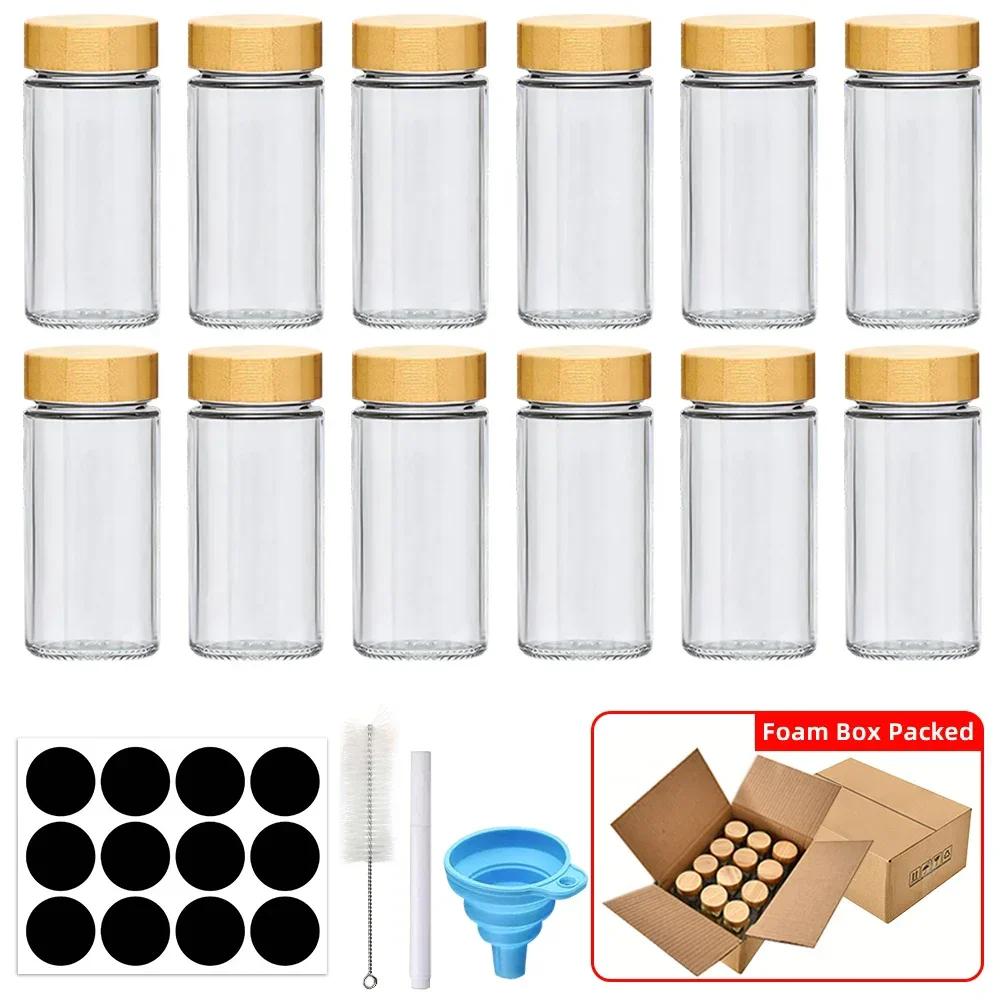 Glass Spice Jars with Bamboo Lid Collapsible Funnel Include with Minimalist Spice Labels Stickers Storage Bottles for Spice Rack