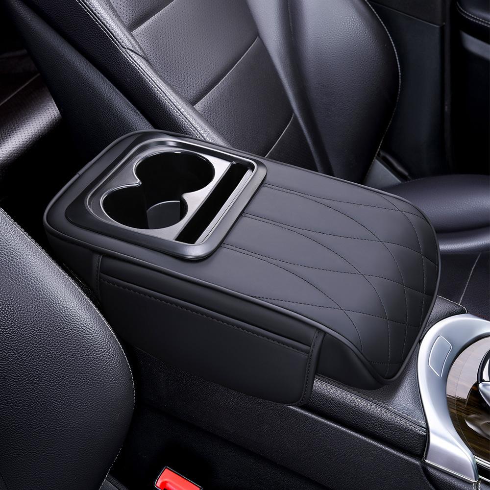 PU Leather Portable Center Console Armrest Cushion with Cup Holder Car Armrest Pillow Multifunctional Height Increasing
