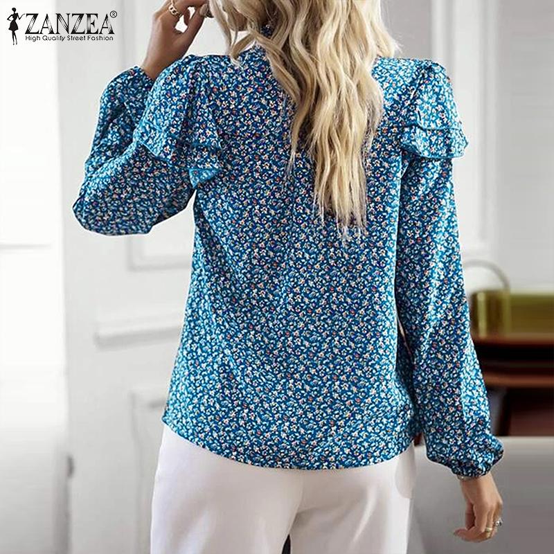 

ZANZEA Женская свободная блузка с v-образным вырезом и длинными рукавами, рюшами и резиновыми ребрами, с цветочным принтом