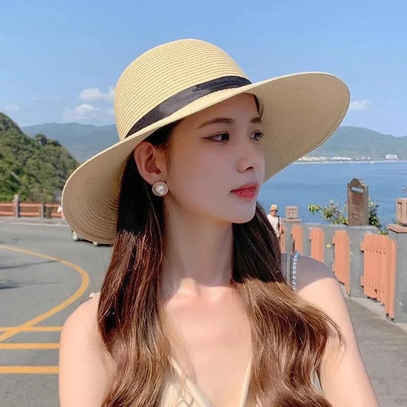 Large Eave Straw Hat For Woman Black Bow Tie Edgesunscreen Foldable Beach Hat Outdoor Seaside Vacation Fashionable And Elegent