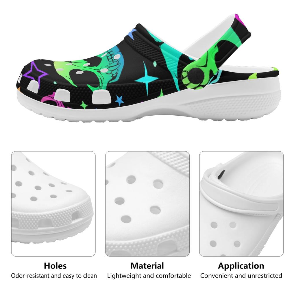 White EVA Clogs with Mini Skull Print, Lightweight Slip On Garden Shoes, Breathable Beach Sandals, Indoor Outdoor Slippers for Men Women