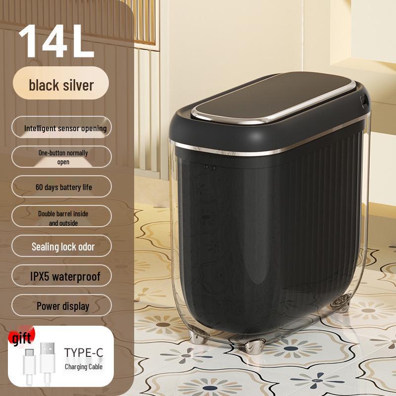 2026 Smart Inner & Outer PET Double Barrel Induction Trash Can, 14L Large Capacity for Living Room