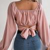 Women Long Sleeve Square Neck Tees Solid Color T Shirt  Ladies Tee Shirt Street Wear Top