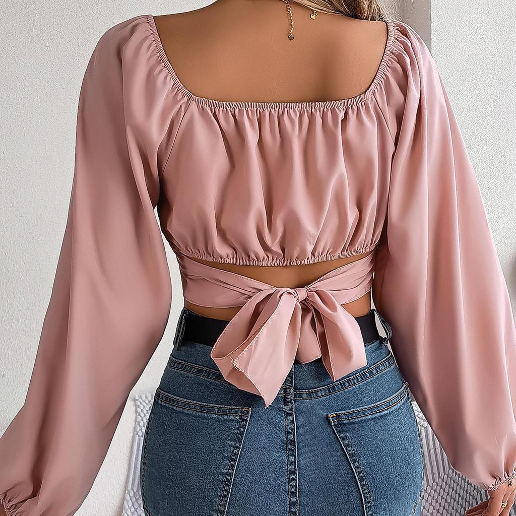 Women Long Sleeve Square Neck Tees Solid Color T Shirt  Ladies Tee Shirt Street Wear Top