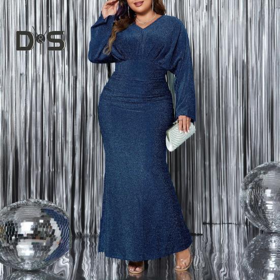 Abendkleid für Damen in Übergröße, V-Ausschnitt, lange Ärmel, hohe Taille, enges langes Kleid, einfarbig, glänzend, Fischschwanzkleid