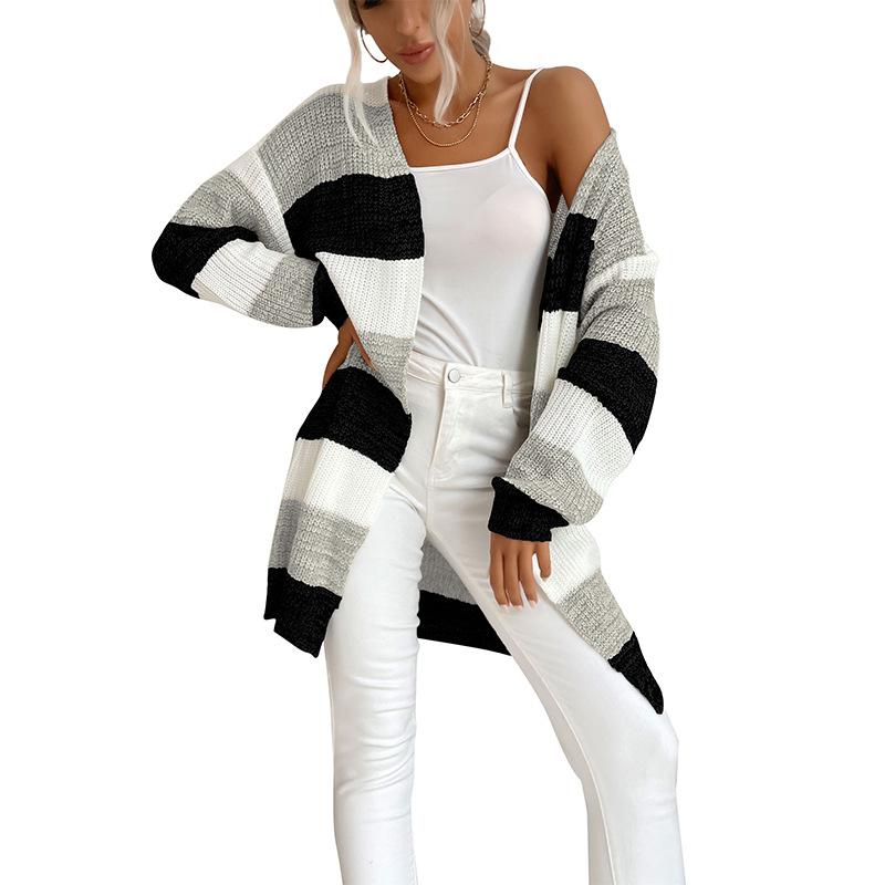 Casual Trend Versatile Autumn and Winter Women's Long Section Without Buttons Colorblocking Sweater Coat