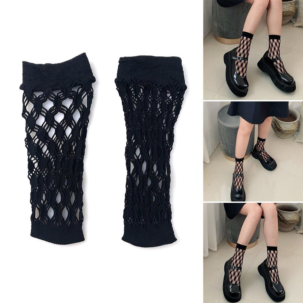 1 Pair Fashionable Black Fishnet Mesh Ankle Socks with Rhombus Geometric Patterned Ruffle Lace Trim Socks for Women Girl