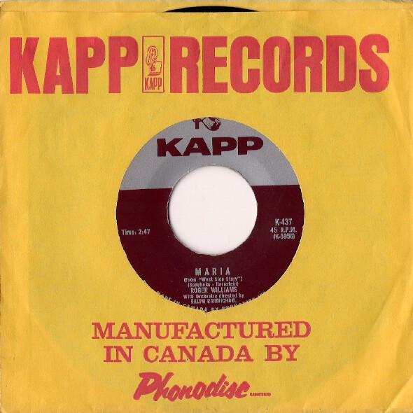 

7inch Record ROGER WILLIAMS - Maria / Eventide K437 KAPP 1961 Canada Jazz Used