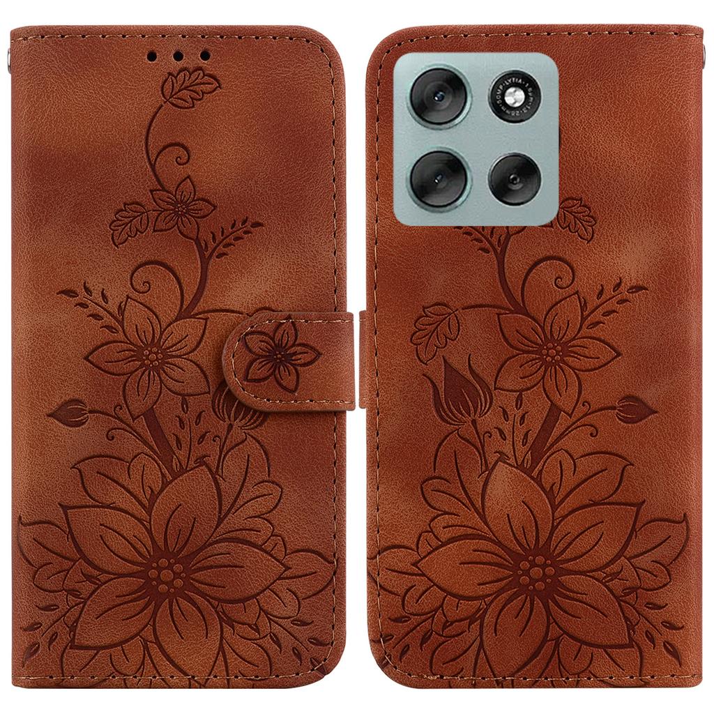 For Motorola Moto G56 5G Stand Case Lily Flower Imprint Leather Phone Cover with Wrist Strap