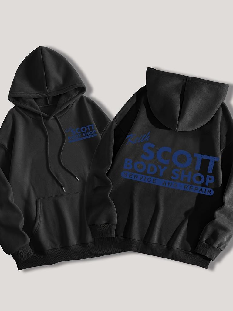 Retro‑print Men Hoodie Front Tiny Workshop‑text Motif, Back Oversized Vintage Distressed Letter Graphic Pullover For Soft Relaxed Casual Street Wear