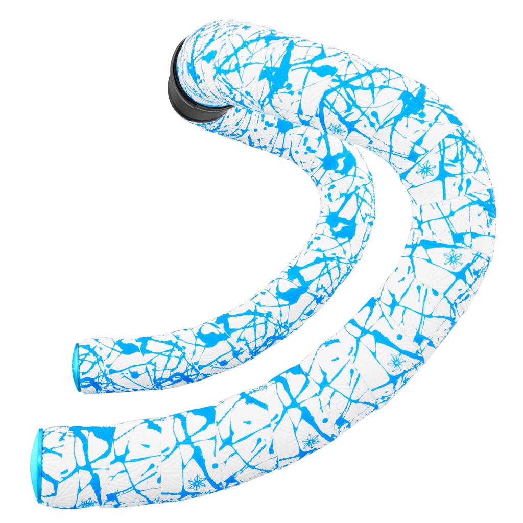 Supacaz Cycling Handlebar Tape - Super Sticky Kush - Splat - Limited - White with Neon Blue + Neon Blue Star Plugz