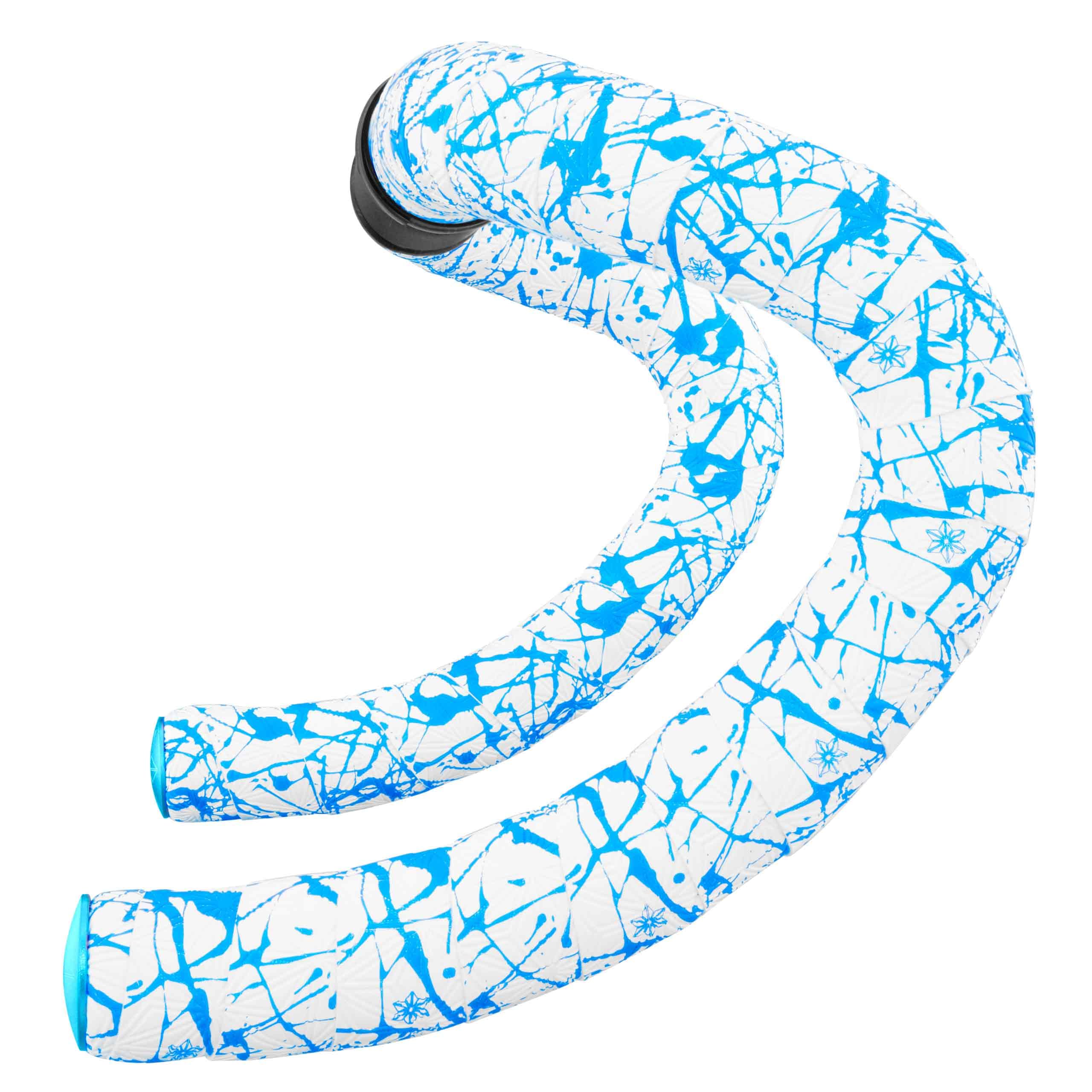 Supacaz Cycling Handlebar Tape - Super Sticky Kush - Splat - Limited - White with Neon Blue + Neon Blue Star Plugz