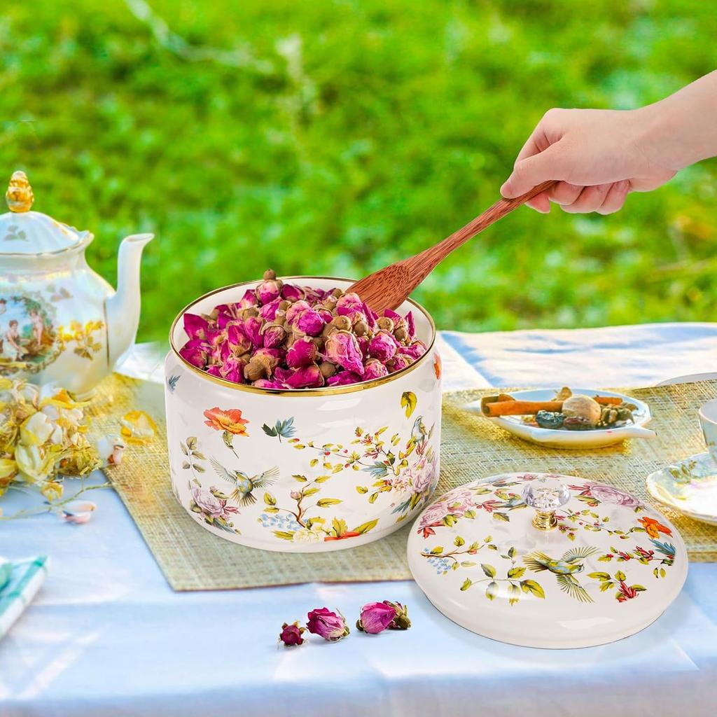 Elsjoy Vintage Enamel Canister with Lid, 81 oz Large Enamel Storage Container Floral Cookie Jar, Farmhouse Kitchen Canister for Sugar, Tea, Candy