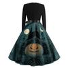 Women's Vintage Long Sleeve Square Neck Dress with Halloween Print for Party Evening Wear