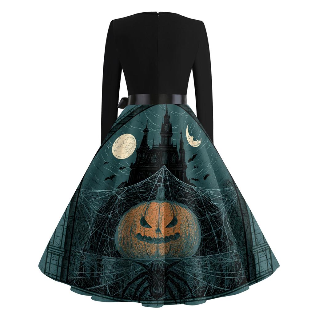 Women's Vintage Long Sleeve Square Neck Dress with Halloween Print for Party Evening Wear