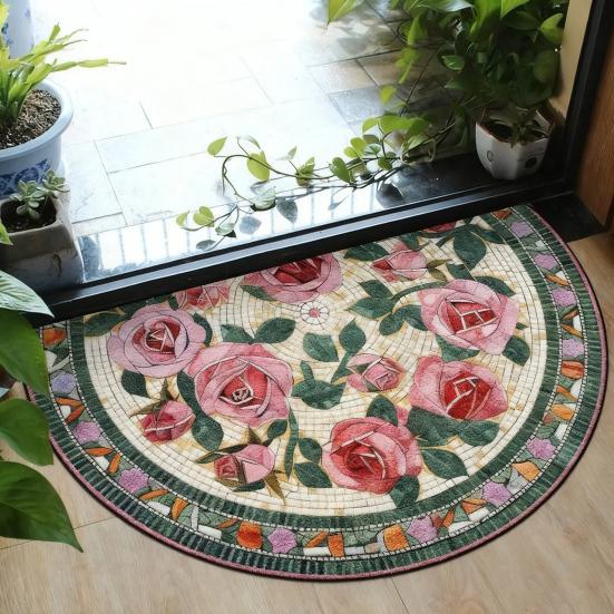 Floral Doormat Absorbent Half Round Floor Mat Non-Slip Door Mat Decorative Entrance Rug for Living Room Bathroom Kitchen