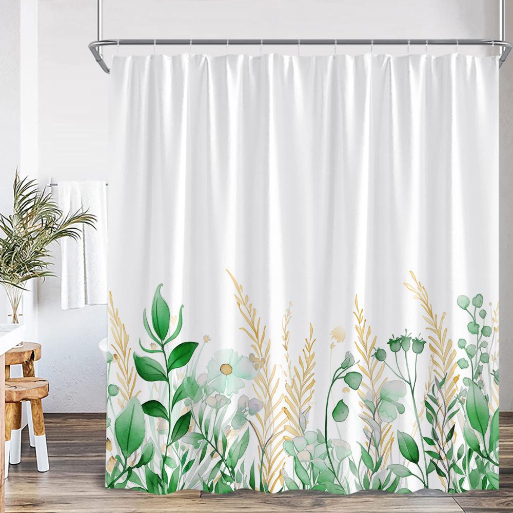 Watercolor Floral Shower Curtain Colorful Flower Green Blue Teal Plant Botanical Bathroom Decor Polyester Bath Curtain with Hook