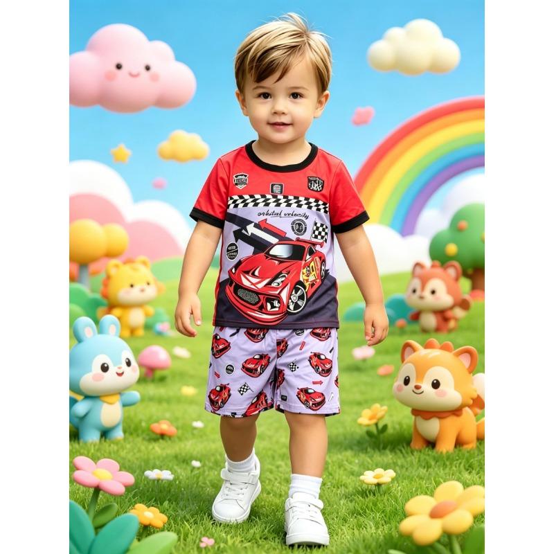 Racing Car Full Print Short Sleeve Shorts Set Boys Racing Style New Arrival 110