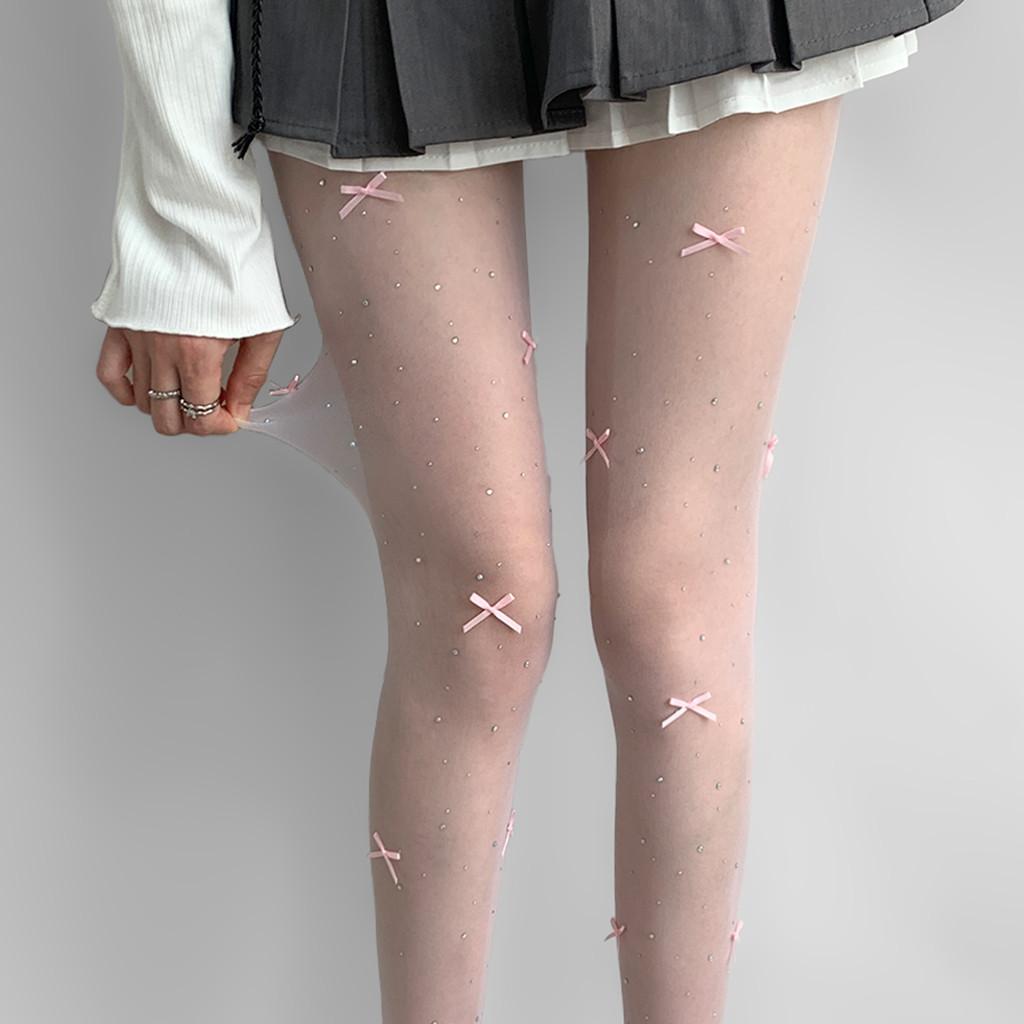 

Cute Bowknot Rhinestone Pantyhose Women Fashion Sexy Shiny Flesh Light White Tights Lolita Y2K Girl Thin Elastic Nylon Stockings One Size