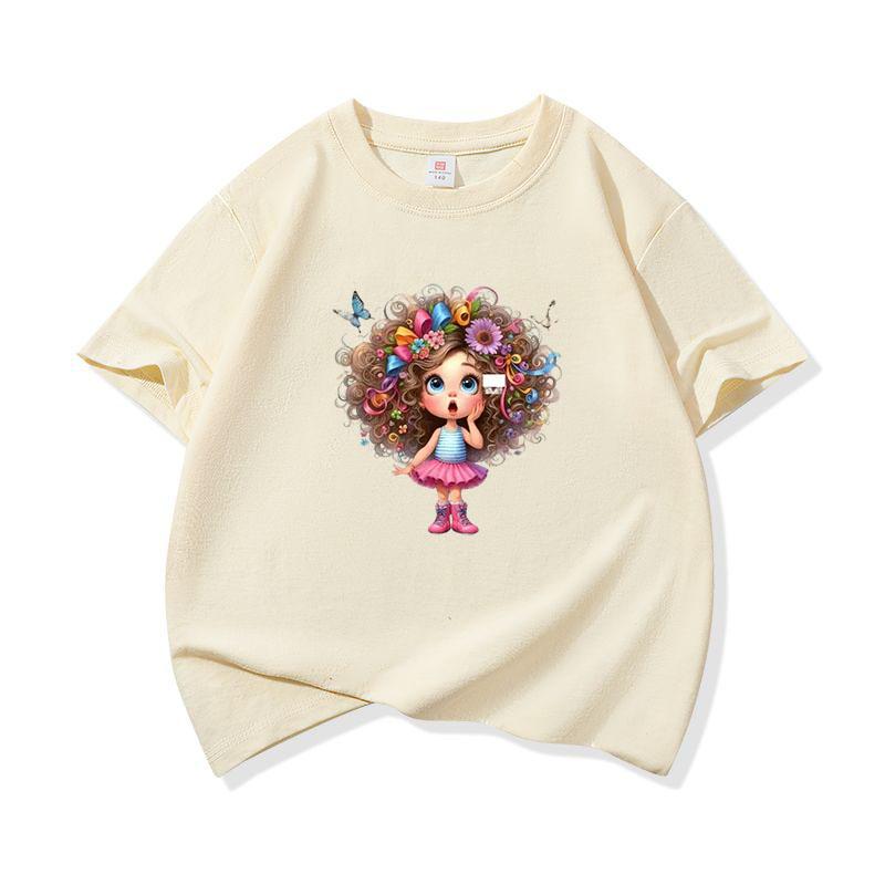 Kids Cotton T Shirt Flower And Butterfly Hair Girl Print Crew Neck Short Sleeve Tee Casual Boys Girls Summer Tops