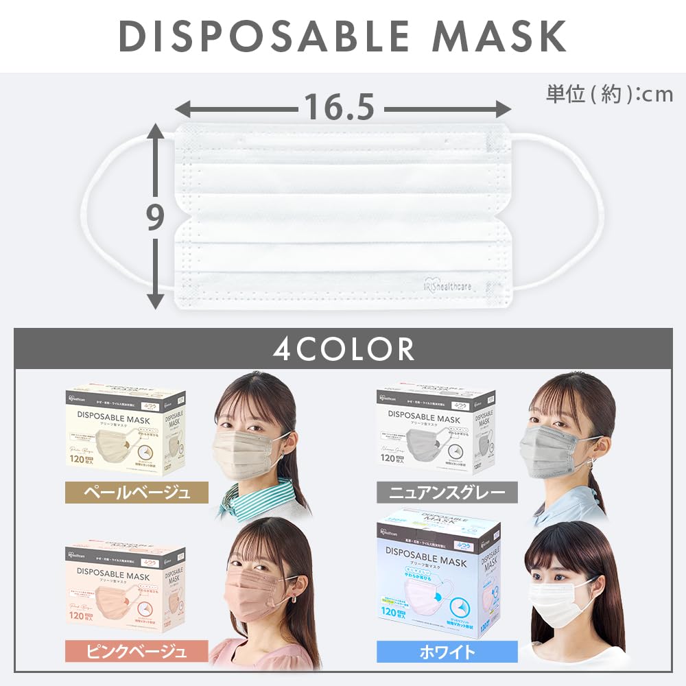 Iris Ohyama Disposable Nonwoven Pleated Regular 120 Count Masks, Size,