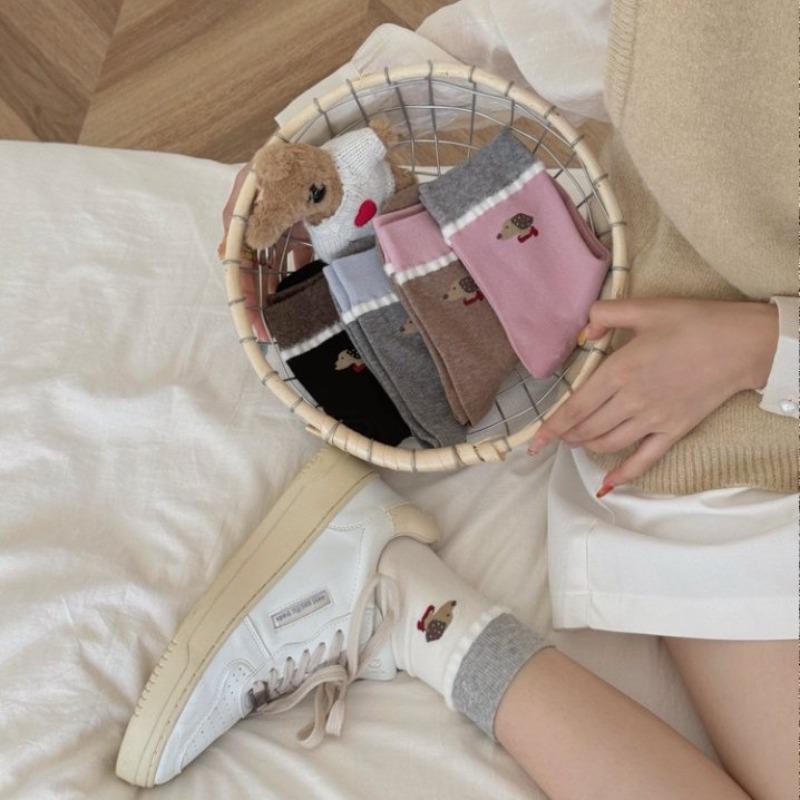 Lady Spring Simple Cute Lace Cartoon Puppy Cotton Preppy Style Pile Pile Long Socks