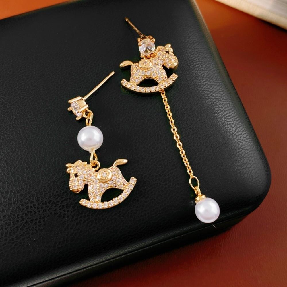 Pearl Gold Pony Earrings Zircon Horse Mascot Drop Earrings  Year of Horse Gift