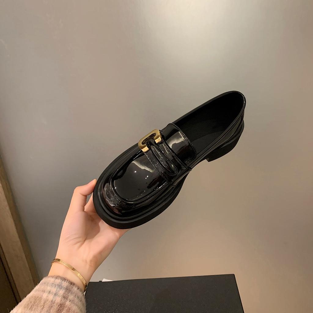 Whole Cowhide~ Loafers Genuine Leather Retro Gold Buckle Thick Sole Thick Heel Loafers Small Leather Shoes Women