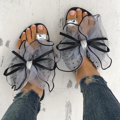 Women Larger Rhinestone Ring Toe Cute Polka Dot Bow -Tie Flats Flip Flops Indoor Shoes Ladies Sexy