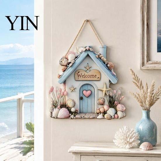 Summer Beach Party Decorations Coastal Wooden Wreath, Ocean Welcome Sign, Starfish Shell Nautical Handmade Sign Front Door Hanger for Porch,